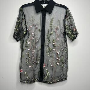 Sheer Mesh Black Embroidered Floral Top Women M Whimsigoth Dark Romantic Y2K 90s